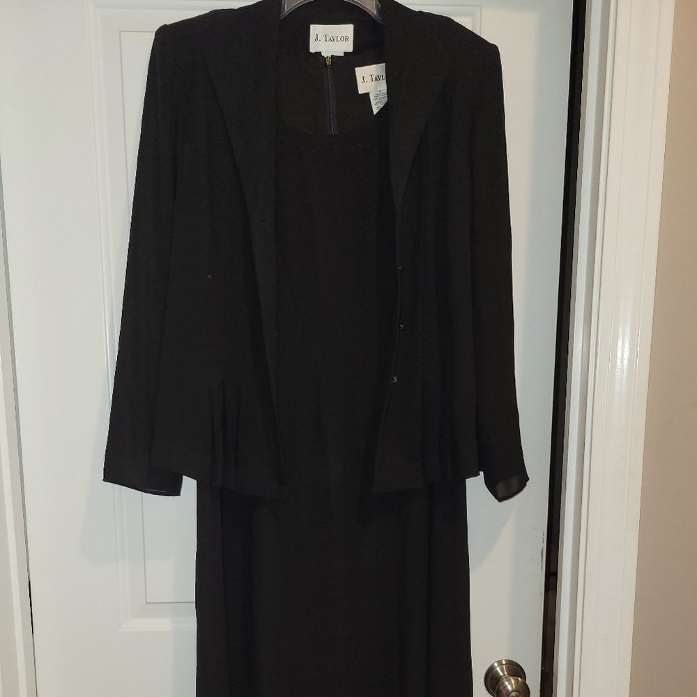 2 pc. shift dress in black with sheer over jacket; size 14; J. Taylor